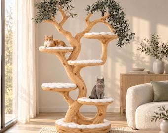 Olive Branch Cat Climbing Sculpture, Pine Cat Tower with 5 Cloud Perches, Circular Floor Bed and Open Multi-Cat Layout