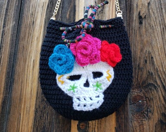 Day of the Dead Crochet Bag, Dia de los Muertos Crossbody Bag, Sugar Skull Crochet Bag, Skull Bag, Birthday Gift, Halloween Gift,Crochet Bag