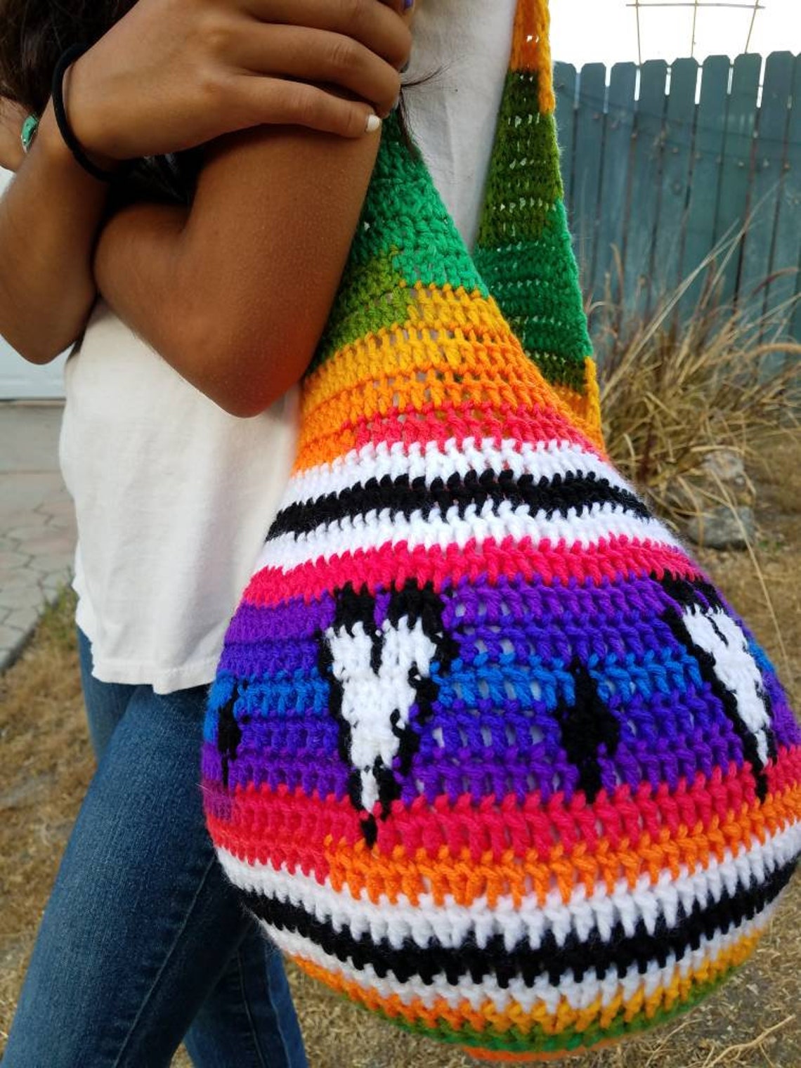 Geometric Pattern Crochet Rainbow Bag Heart Pattern Crochet Etsy