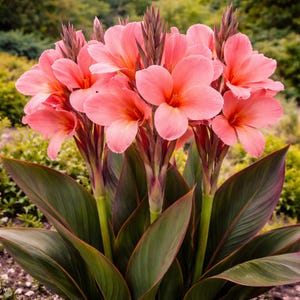 Könnte beinhalten: Eine Gruppe leuchtend lachsrosa Canna-Lilienblüten mit breiten, abgerundeten Blütenblättern und markanten orangefarbenen Zentren. Die Pflanze hat hohe, kräftige grüne Stängel und große, spitz zulaufende, dunkel bronzegrüne Blätter mit sichtbaren Adern.