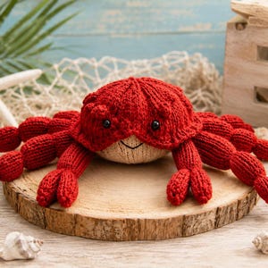 Könnte beinhalten: Ein handgestricktes Krabbenspielzeug mit einem leuchtend roten Panzer mit strukturierten Details, einer beigen Unterseite und zwei kleinen schwarzen Perlenaugen. Die Krabbe hat mehrere segmentierte Beine und zwei Vorderzangen aus rotem Garn.