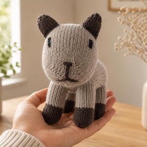 May include: A small, hand-knitted stuffed animal in the shape of a cat. The toy features a light beige body with dark brown ears, dark brown paws, and dark brown embroidered eyes and a nose. The knit texture is visible throughout the entire figure.
