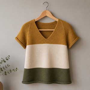 Colorblock Tee Knitting Pattern, V Neck Summer Top Pattern, Short Sleeve Knit Sweater, Lightweight Pullover, PDF Download