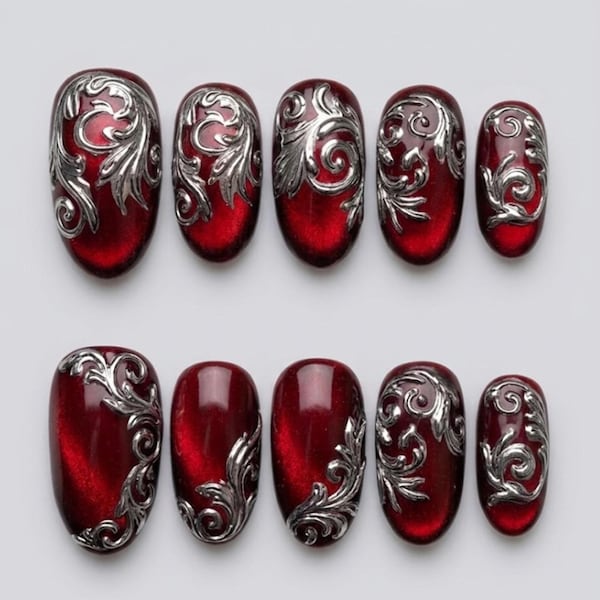 Handmade Dark Red Cat Eye & Silver Baroque Press On Nails | 3D Metallic Gothic Vampire Filigree Art | Custom Velvet Wine Nails