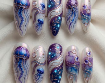 Summer Press On Nails Jellyfish Ocean Cute 3D Handmade Nails Galaxy Custom Fake Glue On Nails Purple Blue Luxury Iridescent Starry Ocean