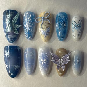 Summer Press On Nails Fairy Nails Butterfly Cute 3D Handmade Nails Starry Night Custom Fake Glue On Nails Kawaii Pixie Cottagecore Blue Bow