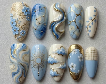Elegant Blue Press On Nails Handmade Custom Fake Nails 3D Clouds Flowers Star Constellation Sun Burst Kintsugi Marbled Gold Light Blue Cream
