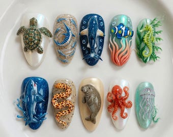 Realistic Ocean Sea Life Press On Nails | Deep Blue Sea Creatures Fake Nails | 3D Sea Turtle Shark Manatee Octopus Nail | Marine Life Nails