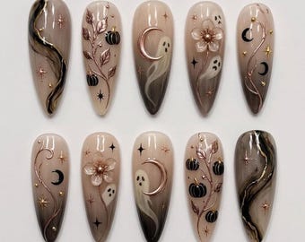 Handmade Spooky Elegant Halloween Press On Nails | Rose Gold Moon Ghost & Black Pumpkin Art | Witchy Ombre Custom Nails