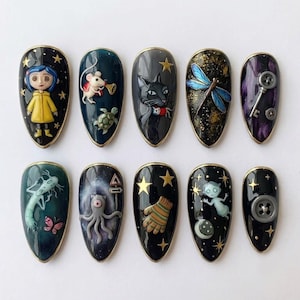 May include: A set of ten almond-shaped press-on nails featuring detailed 3D character and object designs. The artwork includes a girl in a yellow raincoat, a mouse, a black cat, a blue dragonfly, a skeleton key, a button, and various celestial stars.