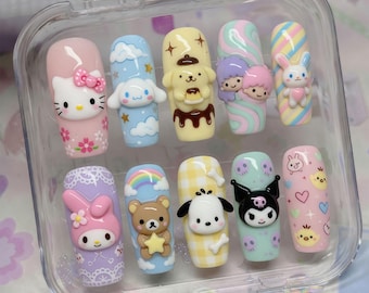 Kawaii Sanrio Friends Press On Nails | Cute Hello Kitty My Melody Kuromi Fake Nails | 3D Cinnamoroll Pompompurin Pochacco Nail Art