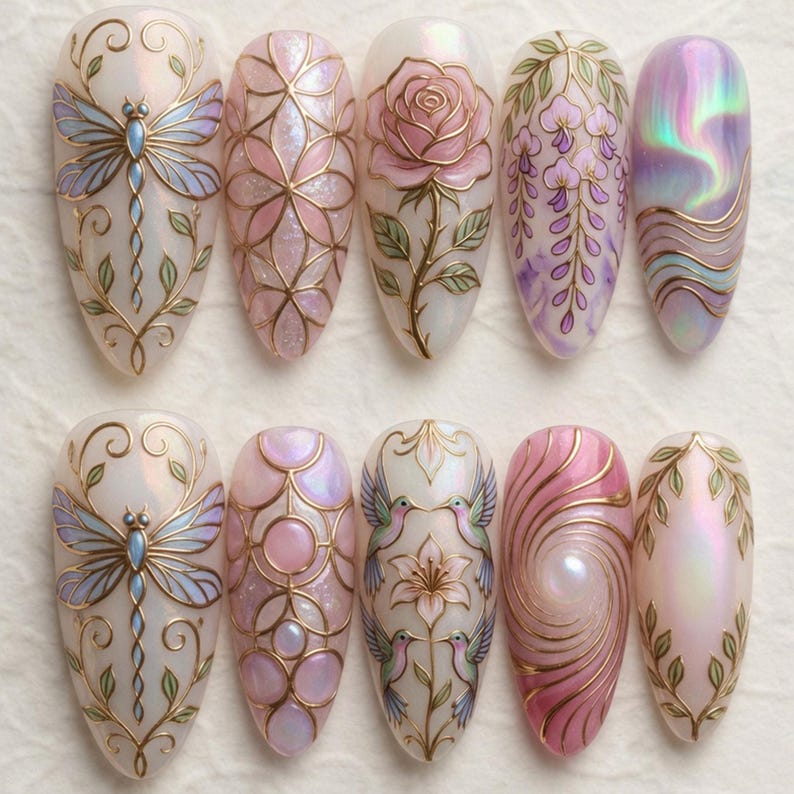May include: A collection of ten artificial nails with intricate designs. The nails feature various patterns, including a dragonfly, floral arrangements, and abstract swirls, all outlined in gold. The color palette includes soft pinks, purples, and iridescent finishes.