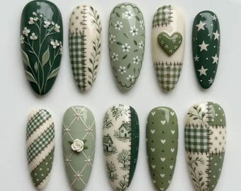 Cottagecore Green Press On Nails Handmade Custom Fake Glue On Nails 3D Floral Patchwork Gingham Plaid Toile de Jouy Heart Cream Sage Forest