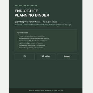 Puede incluir: Un archivador digital de planificaci&oacute;n de fin de vida en color verde oscuro de HeartCare Planners. Incluye 21 p&aacute;ginas en tama&ntilde;os US Letter y A4. El texto enumera secciones para informaci&oacute;n personal, deseos m&eacute;dicos, finanzas y preferencias funerarias.