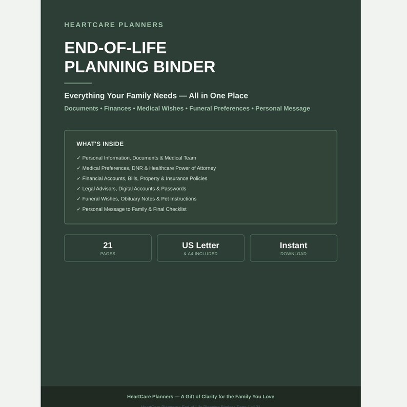 Puede incluir: Un archivador digital de planificaci&oacute;n de fin de vida en color verde oscuro de HeartCare Planners. Incluye 21 p&aacute;ginas en tama&ntilde;os US Letter y A4. El texto enumera secciones para informaci&oacute;n personal, deseos m&eacute;dicos, finanzas y preferencias funerarias.