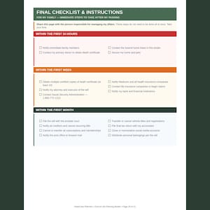 Puede incluir: Un documento impreso titulado Final Checklist & Instructions for My Family, que presenta secciones para tareas dentro de las primeras 24 horas, la primera semana y el primer mes. La p&aacute;gina incluye casillas de verificaci&oacute;n para tareas administrativas.