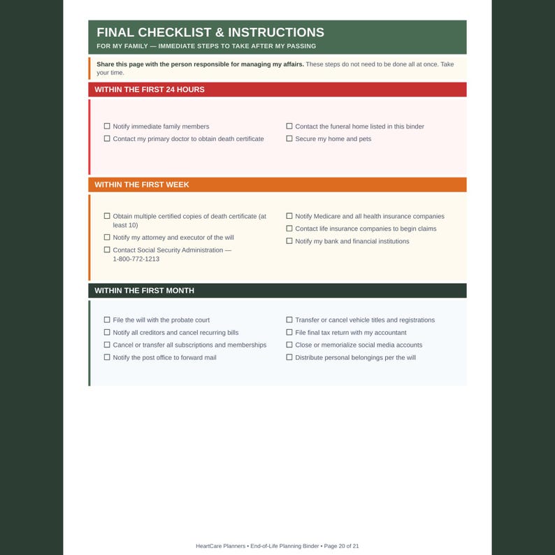 Puede incluir: Un documento impreso titulado Final Checklist & Instructions for My Family, que presenta secciones para tareas dentro de las primeras 24 horas, la primera semana y el primer mes. La p&aacute;gina incluye casillas de verificaci&oacute;n para tareas administrativas.
