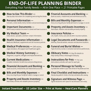 Puede incluir: Un archivador de planificaci&oacute;n de fin de vida con 21 p&aacute;ginas imprimibles en tama&ntilde;o carta de EE. UU. El texto enumera secciones que incluyen cuentas financieras, informaci&oacute;n personal, historial m&eacute;dico, seguros y deseos funerarios.