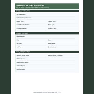 Puede incluir: Un formulario de informaci&oacute;n personal blanco con encabezados verde oscuro. Las secciones incluyen Basic Information, Home & Contact y Family Information con l&iacute;neas en blanco para ingresar datos. El texto dice Personal Information, Fill in Once, Update Whenever Anything Changes.