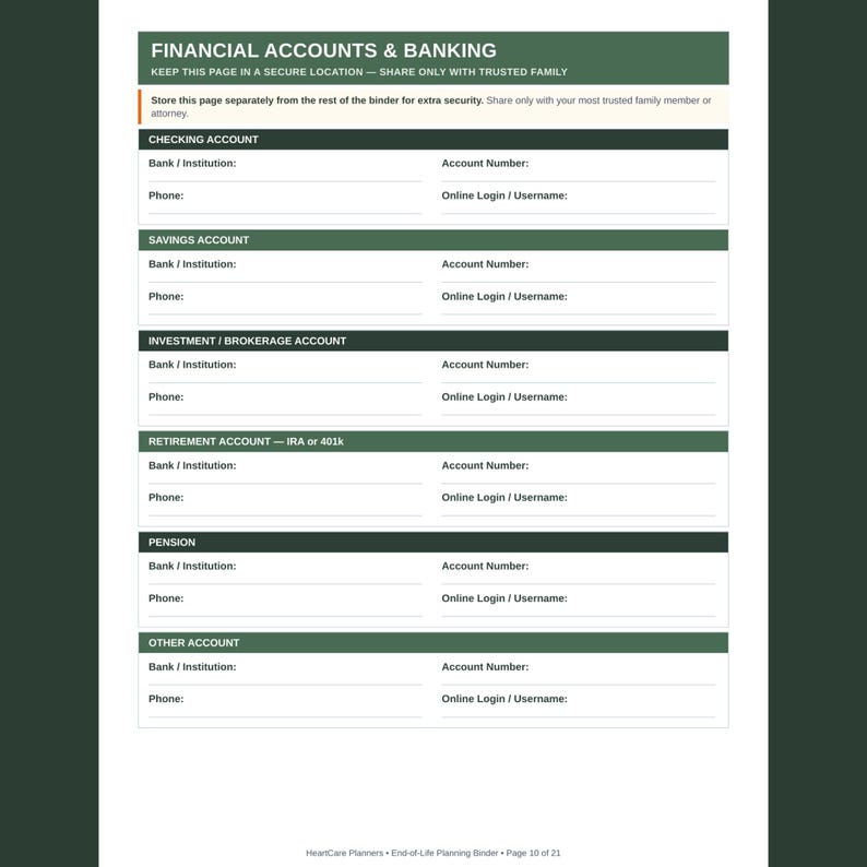Puede incluir: Un formulario imprimible de cuentas financieras y bancarias con secciones para cuentas corrientes, de ahorro, inversi&oacute;n, jubilaci&oacute;n, pensi&oacute;n y otras. Cada secci&oacute;n incluye campos para el banco, n&uacute;mero de cuenta, tel&eacute;fono y credenciales.