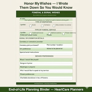 Puede incluir: Un documento impreso titulado Honor My Wishes &mdash; I Wrote Them Down So You Would Know, que incluye secciones para deseos funerarios, tipo de disposici&oacute;n, tipo de servicio funerario, detalles de entierro o cremaci&oacute;n y preferencias de servicio.