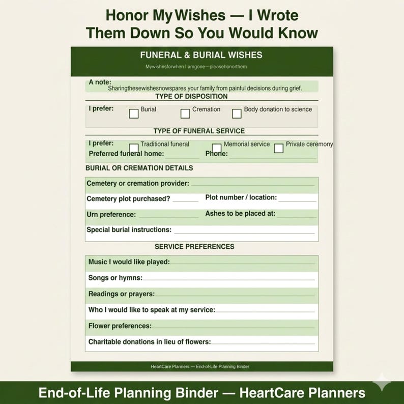 Puede incluir: Un documento impreso titulado Honor My Wishes &mdash; I Wrote Them Down So You Would Know, que incluye secciones para deseos funerarios, tipo de disposici&oacute;n, tipo de servicio funerario, detalles de entierro o cremaci&oacute;n y preferencias de servicio.