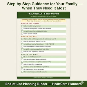 Puede incluir: Un documento impreso titulado Step-by-Step Guidance for Your Family &mdash; When They Need It Most, que presenta una lista de verificaci&oacute;n final e instrucciones para la planificaci&oacute;n del final de la vida, con casillas de verificaci&oacute;n para tareas programadas.