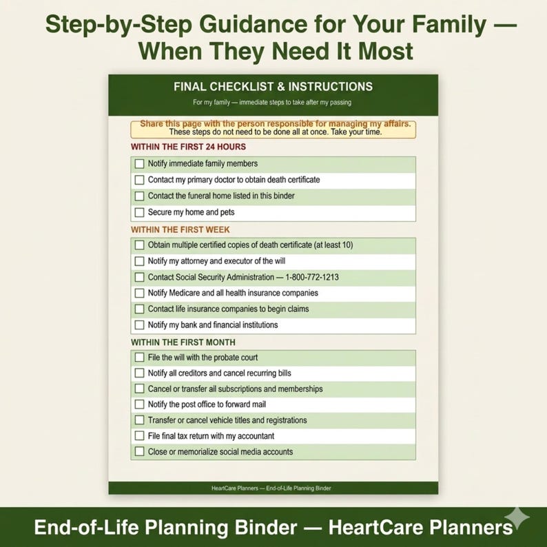 Puede incluir: Un documento impreso titulado Step-by-Step Guidance for Your Family &mdash; When They Need It Most, que presenta una lista de verificaci&oacute;n final e instrucciones para la planificaci&oacute;n del final de la vida, con casillas de verificaci&oacute;n para tareas programadas.