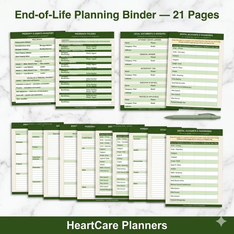 Puede incluir: Una carpeta de planificaci&oacute;n de fin de vida de 21 p&aacute;ginas, con plantillas verdes y blancas para propiedades, activos, seguros, documentos legales y contrase&ntilde;as digitales. Incluye un bol&iacute;grafo verde y el texto HeartCare Planners abajo.