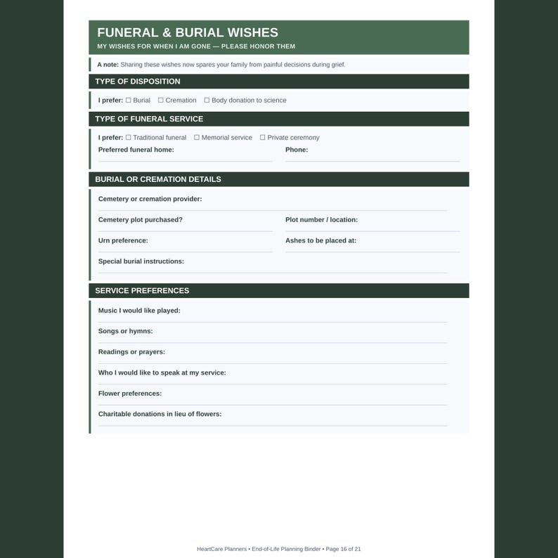Puede incluir: Un documento blanco titulado Funeral & Burial Wishes con encabezados de color verde oscuro. Incluye secciones para el tipo de disposici&oacute;n, tipo de servicio funerario, detalles de entierro o cremaci&oacute;n y preferencias de servicio.