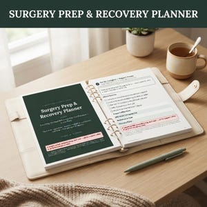 Può includere: Un'agenda ad anelli color crema per la preparazione e il recupero post-operatorio aperta su una scrivania. La pagina sinistra presenta una copertina verde scuro con testo bianco, mentre la destra include una lista di controllo per i caregiver.