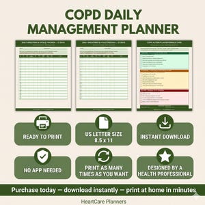 Op de afbeelding: Een groene en witte COPD Daily Management Planner met de tekst "COPD Daily Management Planner". De planner bevat een 31-daagse ademhalings- en vitaliteitstracker, een COPD-actieplanreferentiekaart en is US Letter-formaat 21,59 x 27,94 cm.