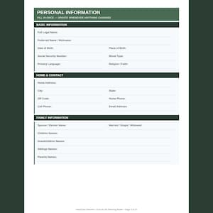 Puede incluir: Un formulario de informaci&oacute;n personal con un encabezado verde oscuro titulado PERSONAL INFORMATION. Incluye secciones para informaci&oacute;n b&aacute;sica, contacto y familia con l&iacute;neas en blanco para completar. El pie de p&aacute;gina dice HeartCare Planners.