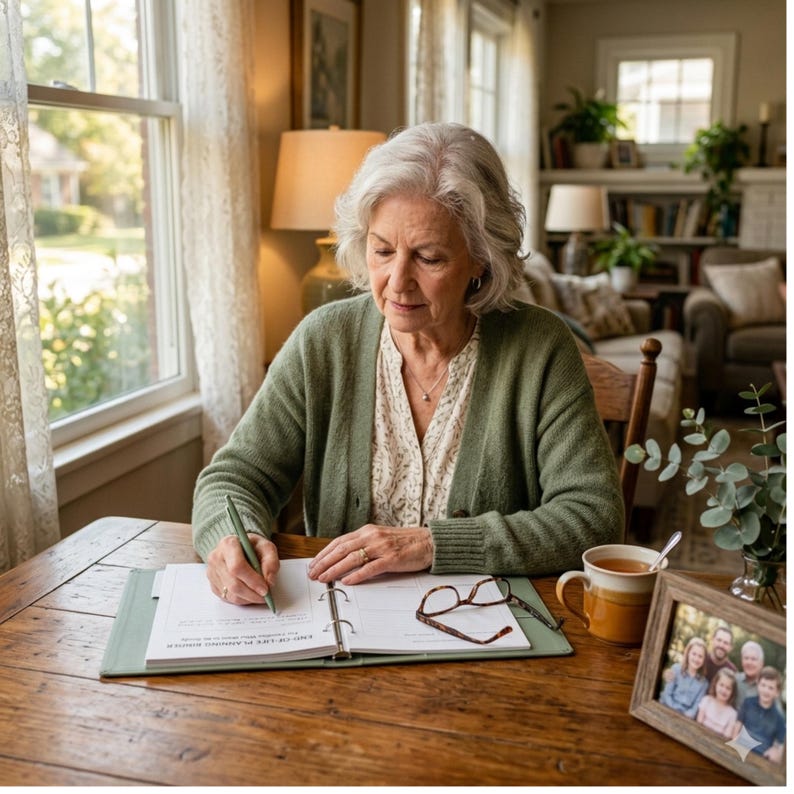 Puede incluir: Una carpeta de tres anillas de color verde claro titulada End of Life Planning Binder est&aacute; abierta sobre una mesa de madera. Una persona escribe en la carpeta con un bol&iacute;grafo verde a juego. Unas gafas de carey y una taza de cer&aacute;mica est&aacute;n cerca.