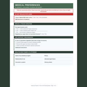 Puede incluir: Un formulario de preferencias m&eacute;dicas en blanco con encabezados verde oscuro y una secci&oacute;n roja para instrucciones de DNR. Incluye casillas de verificaci&oacute;n para donaci&oacute;n de &oacute;rganos, preferencias de soporte vital y campos de contacto.