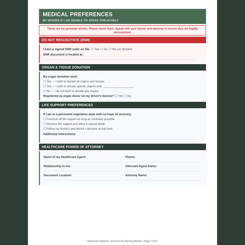 Puede incluir: Un formulario de preferencias m&eacute;dicas en blanco con encabezados verde oscuro y una secci&oacute;n roja para instrucciones de DNR. Incluye casillas de verificaci&oacute;n para donaci&oacute;n de &oacute;rganos, preferencias de soporte vital y campos de contacto.