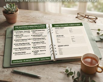 Planificador imprimible para la generación sándwich, carpeta para el cuidado de padres ancianos e hijos.