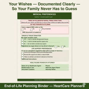 Puede incluir: Un formulario de preferencias m&eacute;dicas titulado Your Wishes &mdash; Documented Clearly &mdash; So Your Family Never Has to Guess. El documento incluye secciones para &oacute;rdenes de no reanimaci&oacute;n, donaci&oacute;n de &oacute;rganos y directrices de atenci&oacute;n m&eacute;dica.