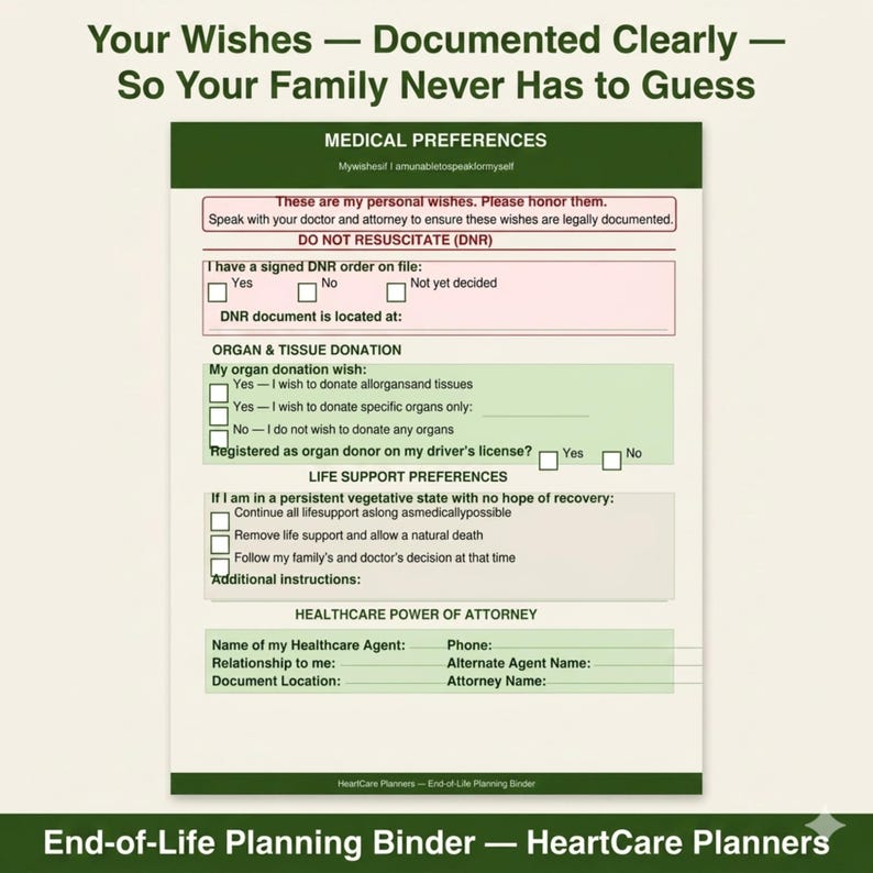 Puede incluir: Un formulario de preferencias m&eacute;dicas titulado Your Wishes &mdash; Documented Clearly &mdash; So Your Family Never Has to Guess. El documento incluye secciones para &oacute;rdenes de no reanimaci&oacute;n, donaci&oacute;n de &oacute;rganos y directrices de atenci&oacute;n m&eacute;dica.