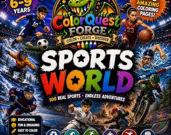 ColorQuestForge Sports World Coloring Book for Kids Ages 6-9 | 100 Sports Pages & Fun Facts