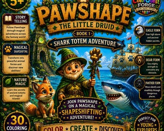 Pawshape the Little Druid — BOOK 1: Shark Totem Adventure | Fantasy Coloring Book for Kids 5+ | Printable PDF