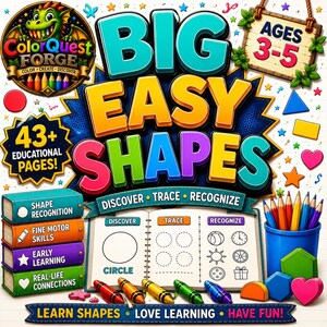 Może przedstawiać: Kolorowa edukacyjna książka z ćwiczeniami zatytułowana Big Easy Shapes, zawierająca ponad 43 strony dla dzieci w wieku 3-5 lat. Okładka przedstawia logo zielonego smoka, stos czterech książek, pojemnik z kolorowymi kredkami i ćwiczenia z rysowania.