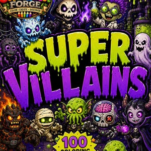 以下が含まれることがあります： モンスターや悪役のイラストが描かれた、子供向けの塗り絵「Super Villains」。表紙には「Ages 3-5」と「100 Coloring Pages!」の文字。ColorQuest Forgeの作品です。