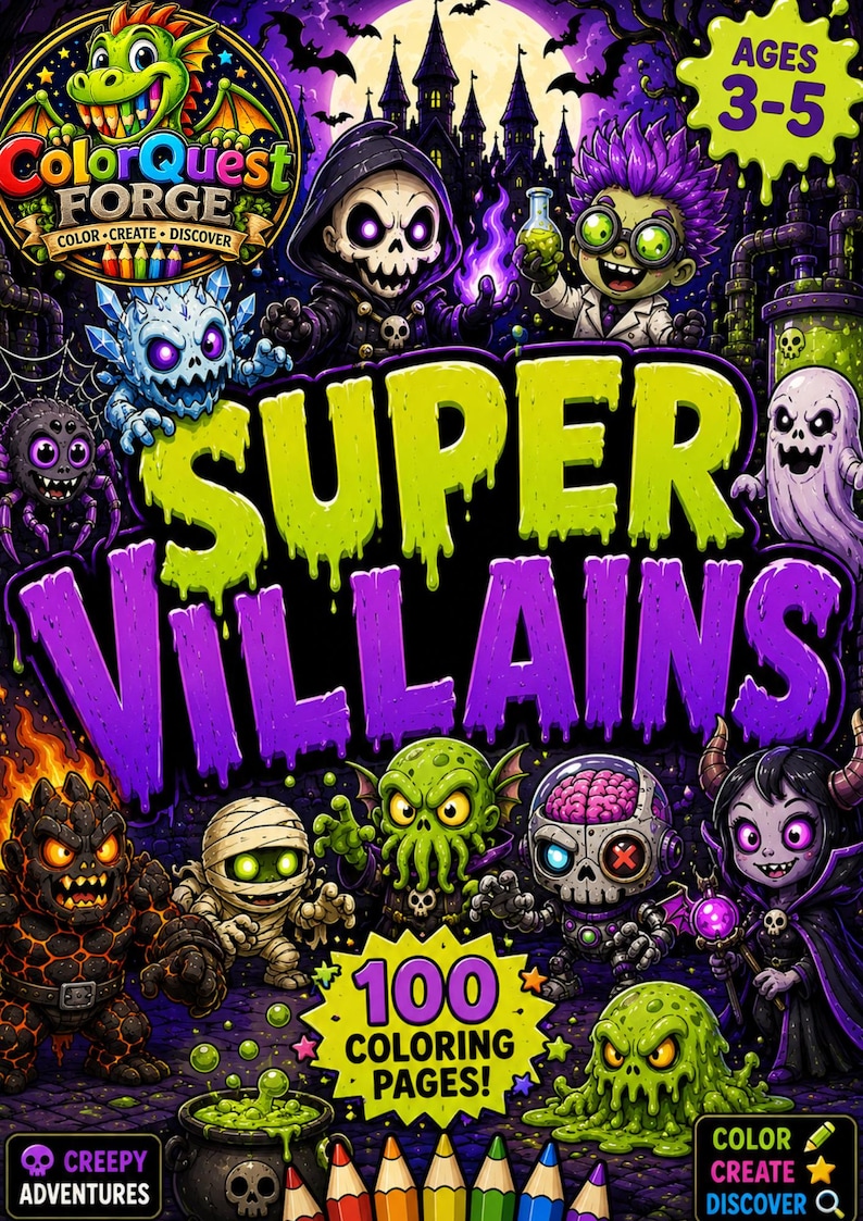 以下が含まれることがあります： モンスターや悪役のイラストが描かれた、子供向けの塗り絵「Super Villains」。表紙には「Ages 3-5」と「100 Coloring Pages!」の文字。ColorQuest Forgeの作品です。