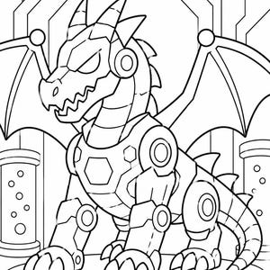 以下が含まれることがあります： メカニカルなディテール、翼、そして「Cyber Doom Dragon」の文字が描かれた、ロボットドラゴンの白黒イラスト。 ドラゴンは座っており、詳細な体と頭を持っています。