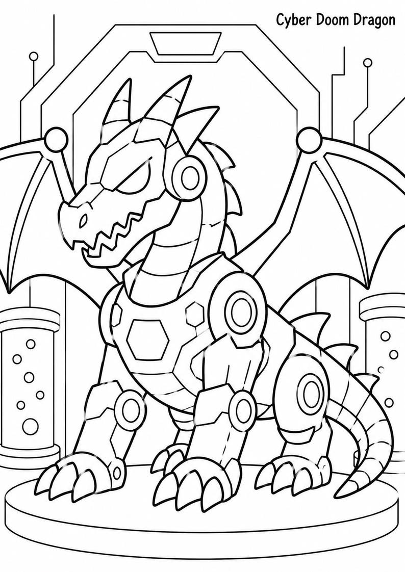 以下が含まれることがあります： メカニカルなディテール、翼、そして「Cyber Doom Dragon」の文字が描かれた、ロボットドラゴンの白黒イラスト。 ドラゴンは座っており、詳細な体と頭を持っています。