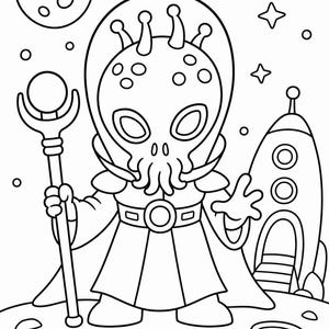 以下が含まれることがあります： 黒と白のイラストで、惑星の表面に立っている杖を持ったエイリアン司令官。画像にはロケット、星、月が含まれています。上部のテキストは「Alien Doom Commander」と書かれています。