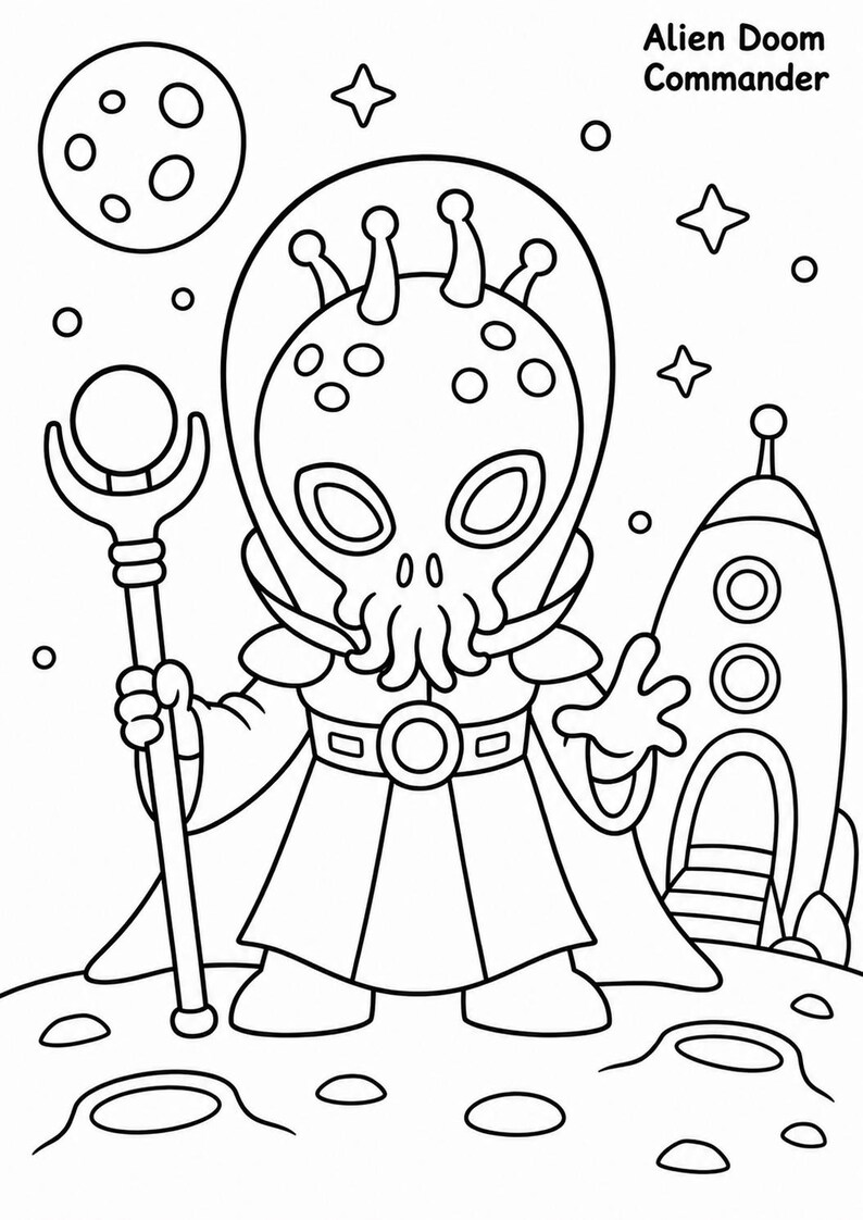 以下が含まれることがあります： 黒と白のイラストで、惑星の表面に立っている杖を持ったエイリアン司令官。画像にはロケット、星、月が含まれています。上部のテキストは「Alien Doom Commander」と書かれています。