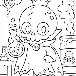 以下が含まれることがあります： 王冠とマントを身に着け、フラスコを持っている漫画の頭蓋骨キャラクターの白黒イラスト。画像には、実験装置、ドクロと交差した骨の入った樽、およびテキスト「Toxic Skull Master」が含まれています。
