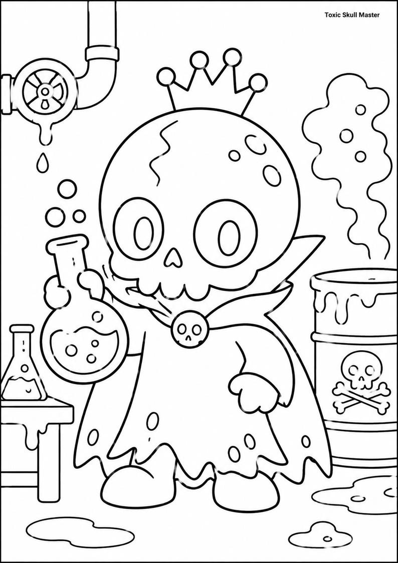 以下が含まれることがあります： 王冠とマントを身に着け、フラスコを持っている漫画の頭蓋骨キャラクターの白黒イラスト。画像には、実験装置、ドクロと交差した骨の入った樽、およびテキスト「Toxic Skull Master」が含まれています。